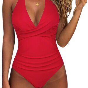 Women Sexy Tummy Control Halter Push Up One Piece Swimsuit in Red, Size Large